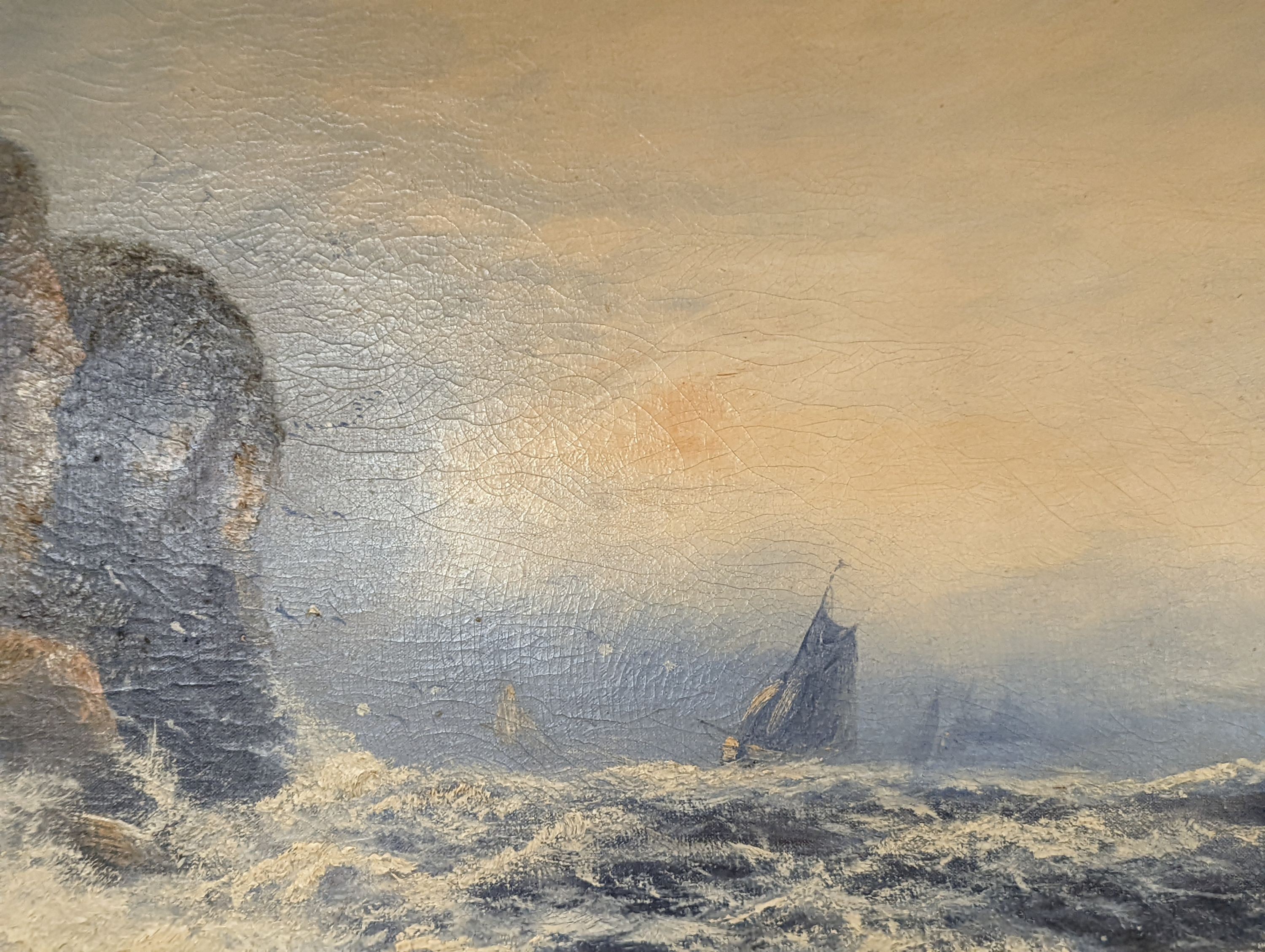 English School c.1900, oil on canvas, Fishing boats off the coast, 50 x 76cm